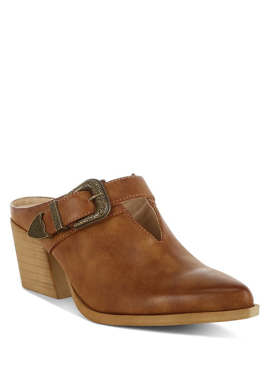 Women Holler Carved Buckle Statement Block Heel Mules Zarnesh