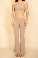 Women Ribbed Sleeveless Crop Top High Rise Pants Set Zarnesh