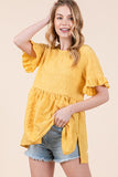 Women Textured Ruffle Sleeve Round Neck Pullover Tunic Tops Zarnesh