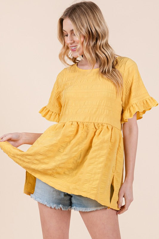 Women Textured Ruffle Sleeve Round Neck Pullover Tunic Tops Zarnesh