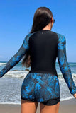 Women Tropical High Neck Shorts Long Sleeve Fitted Swimsuit Zarnesh