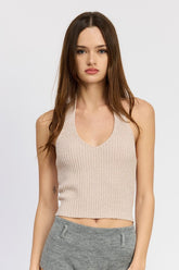 Women Versatile Texture Ribbed Halter Neck Top Zarnesh