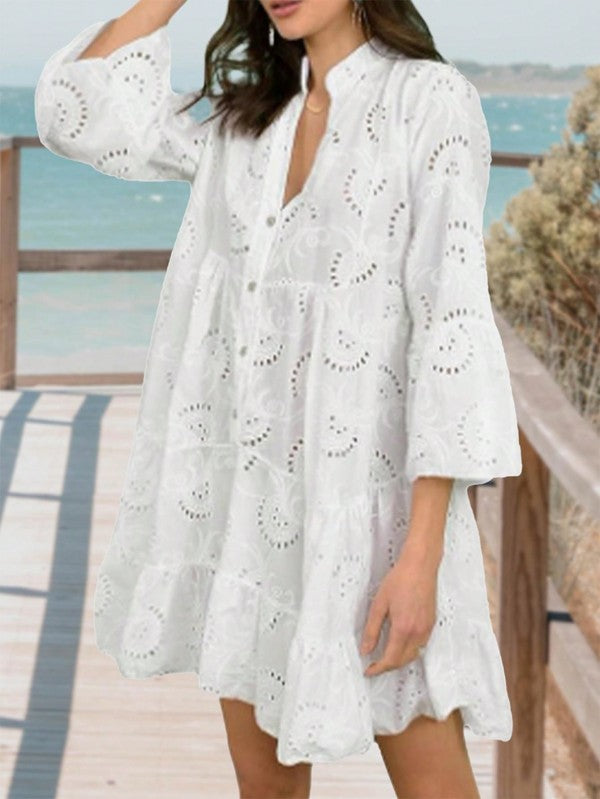 Women Cotton Embroidered Hollow Tiered Button Dress | Zarnesh