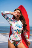 Women Floral Print Split Pullover Long Sleeve Rash Guard Zarnesh
