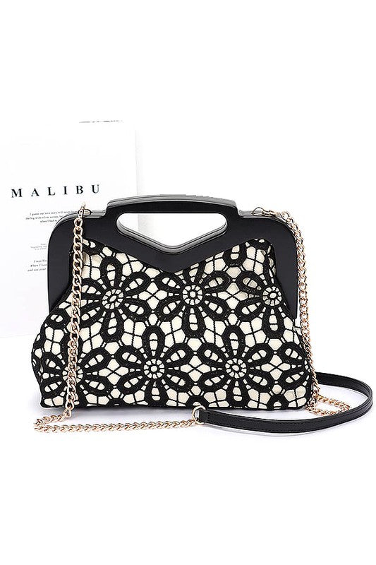 Women Wooden Frame Crochet Flower Top Handle Clutch Zarnesh