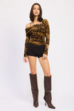 Women’s Animal Print Flocking Mesh Asymmetrical Bodysuit | Zarnesh