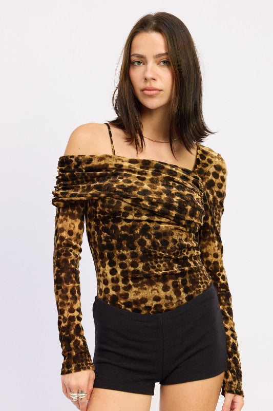 Women’s Animal Print Flocking Mesh Asymmetrical Bodysuit | Zarnesh