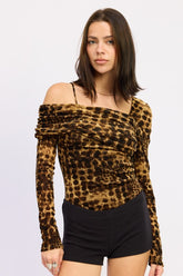 Women’s Animal Print Flocking Mesh Asymmetrical Bodysuit | Zarnesh