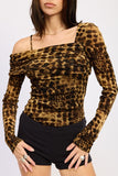 Women’s Animal Print Flocking Mesh Asymmetrical Bodysuit | Zarnesh