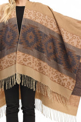 Women's Aztec Pattern Fringe Ruana Cardigan Warp Scarf | Zarnesh