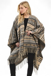 Women's Aztec Pattern Fringe Ruana Open Front Cardigan | Zarnesh