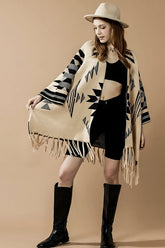 Women’s Aztec Print Open Front Fringe Poncho Sweater Cardigan | Zarnesh