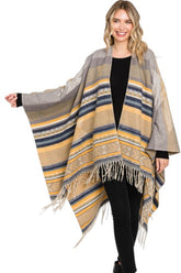 Women’s Aztec Striped Fringe Ruana Poncho Shawl Scarf | Zarnesh