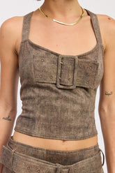 Women’s Belted Denim Bustier Buckle Detail Crop Top | Zarnesh