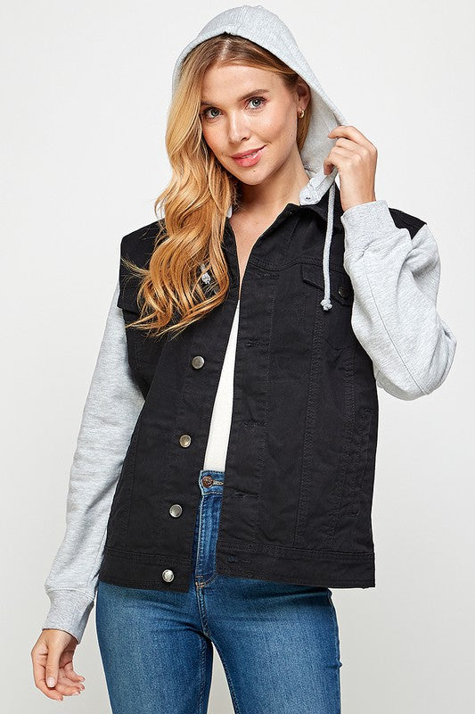 Women’s Black Denim Jacket with Fleece Hood | Zarnesh