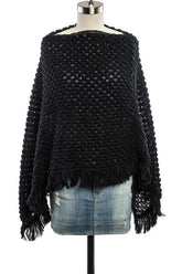 Women's Black Popcorn Open Knit Fringe Poncho | Zarnesh