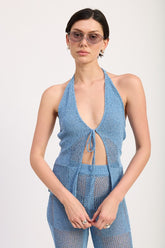 Women's Boho Sheer Tie-Front Crochet Halter Top | Zarnesh