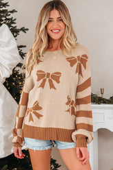 Women’s Bow Checker Stripe Pullover Striped Sleeves Sweater | Zarnesh