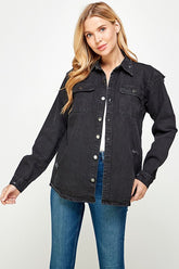 Women’s Button-Up Distressed Denim Shirt Jacket | Zarnesh