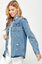 Women’s Button-Up Distressed Denim Shirt Jacket | Zarnesh