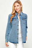 Women’s Button-Up Distressed Denim Shirt Jacket | Zarnesh