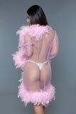 Women’s Lux Short Sheer Feather Trim Front Tie Lingerie Robe | Zarnesh