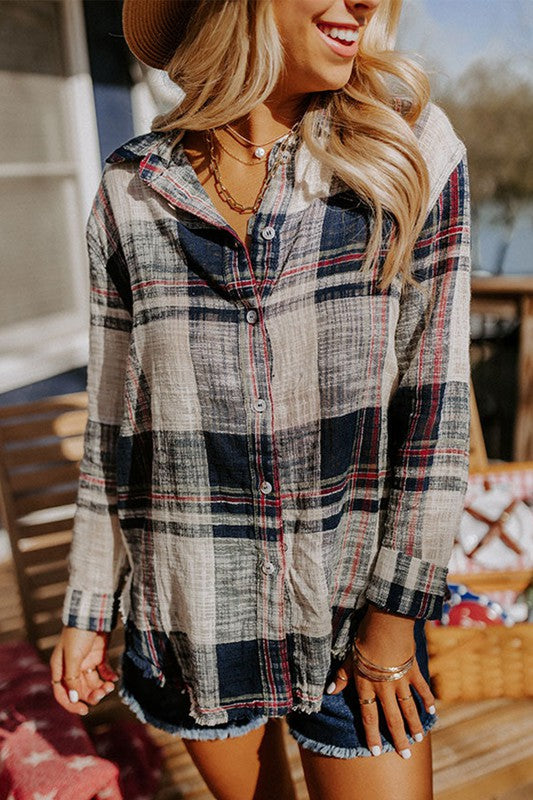 Women’s Casual Plaid Raw Edge Button Down Print Shirt | Zarnesh