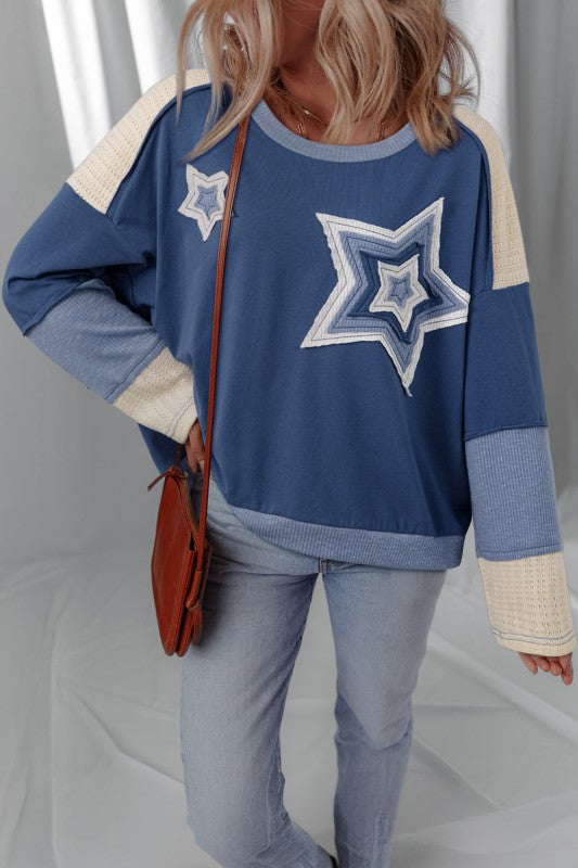 Women’s Casual Star Patch Colorblock Long Sleeve Top | Zarnesh