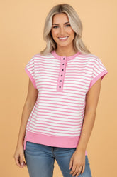 Women’s Casual Stripe Half Placket High-Low Short Sleeve Top | Zarnesh