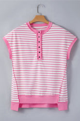 Women’s Casual Stripe Half Placket High-Low Short Sleeve Top | Zarnesh