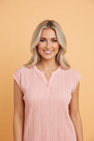Women’s Casual Wavy Textured Button V-Neck Cap Sleeve Shirt | Zarnesh