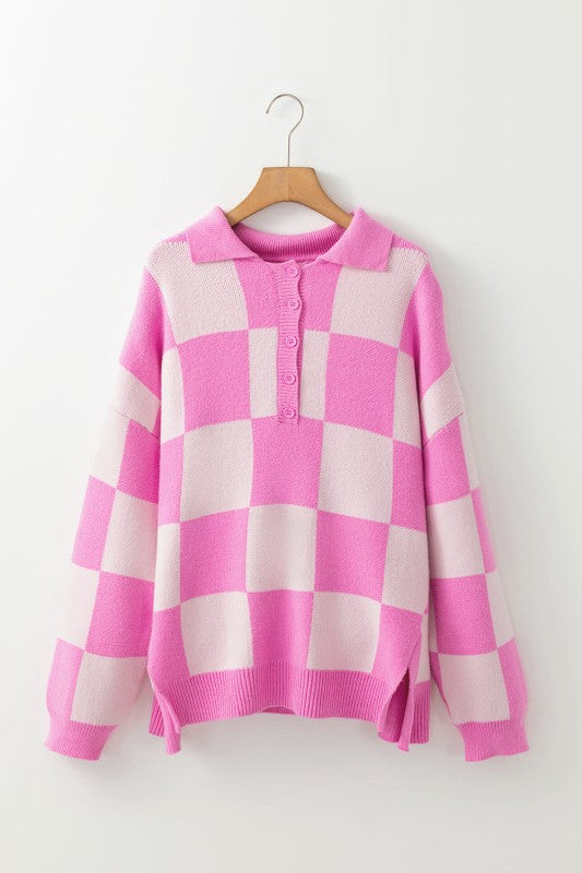 Women’s Checker Half Buttoned Collar Drop Shoulder Sweater | Zarnesh