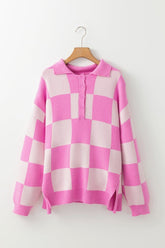 Women’s Checker Half Buttoned Collar Drop Shoulder Sweater | Zarnesh