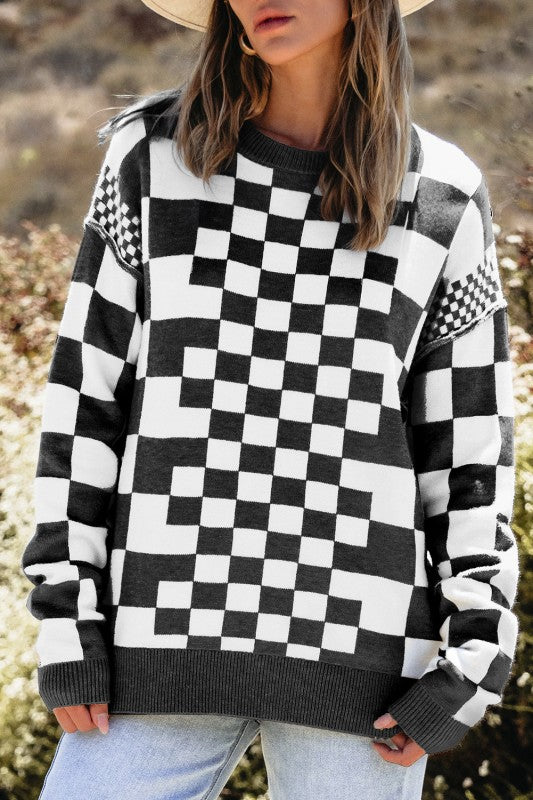 Women's Checker Round Neck Drop Shoulder Sweater | Zarnesh