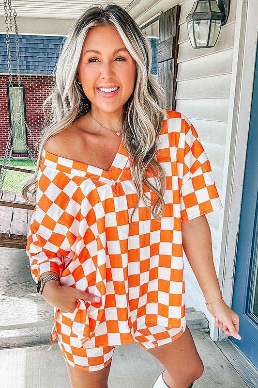Women’s Checkered V Neck Tee Shorts Lounge Set | Zarnesh