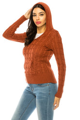 Women’s Chunky V-Neck Cable Knit Hoodie Sweater | Zarnesh