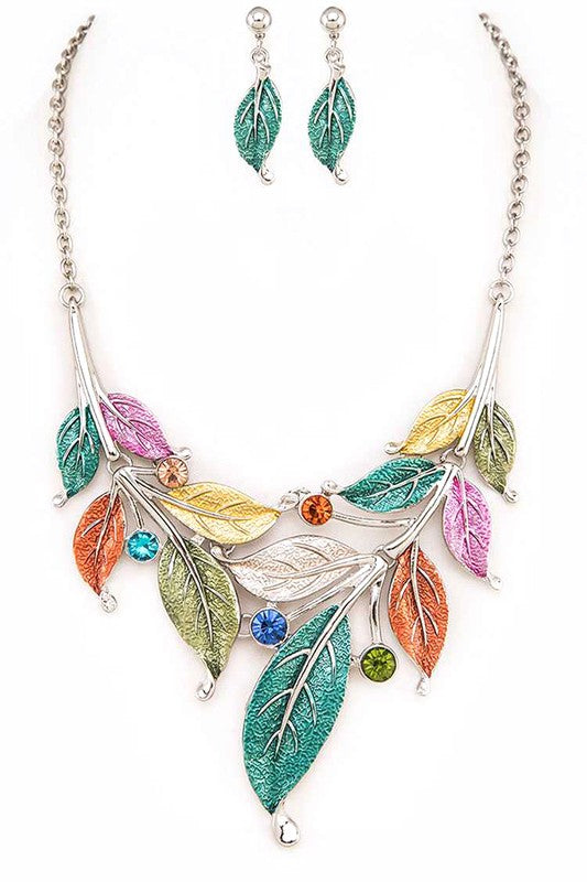 Women's Colorful Leaf Metal Leaf Statement Necklace Set | Zarnesh