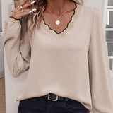 Women’s Contrast V-Neck Scalloped Trim Long Sleeve Blouse | Zarnesh