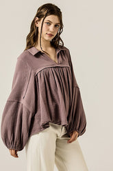 Women’s Cotton Gauze V-Neck Bubble Sleeve Blouse | Zarnesh