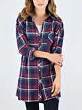Women's Cotton Plaid Red Navy Button Long Shirt Shacket | Zarnesh