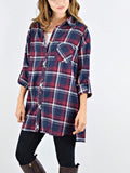Women's Cotton Plaid Red Navy Button Long Shirt Shacket | Zarnesh