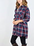 Women's Cotton Plaid Red Navy Button Long Shirt Shacket | Zarnesh