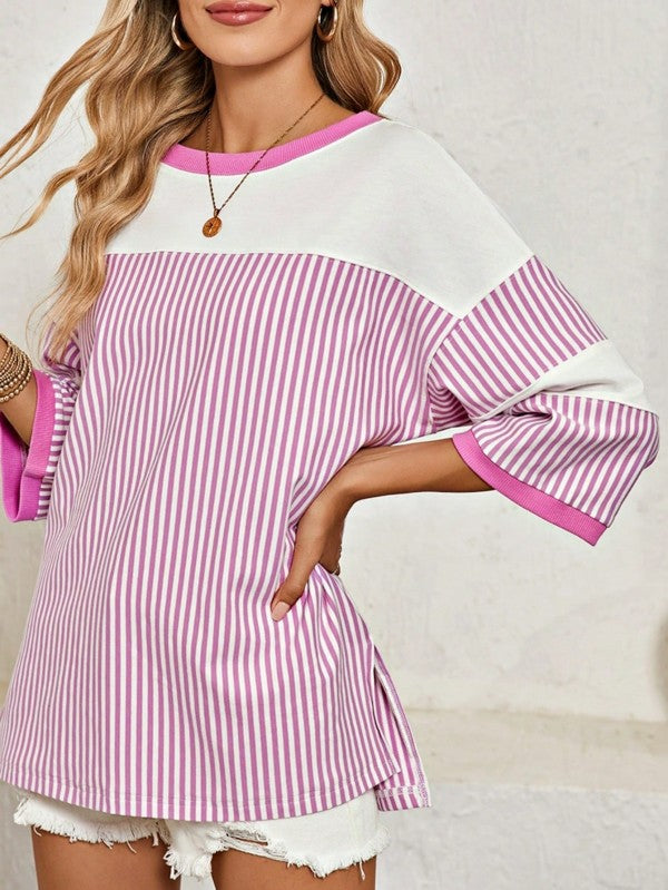 Women's Cotton Stripe Color Block Half Quarter Sleeve Top | Zarnesh