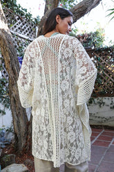 Women Crochet Floral Lace Texture Ankle Length One Size Kimono Zarnesh