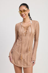 Women's Crochet V Neck Lace Up Cover Up Mini Dress | Zarnesh