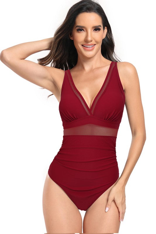 Women’s Deep V Neck One Piece Lace Trim Swimsuit | Zarnesh