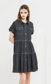 Women’s Denim Button Down Babydoll Tiered Shirt Dress | Zarnesh