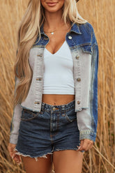 Women’s Denim Colorblock Patchwork Cropped Buttoned Jacket | Zarnesh