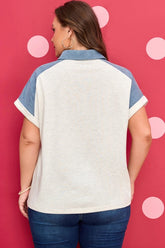 Denim Plus Size Patchwork Cuffed Sleeves Polo Tee | Zarnesh