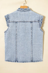 Women’s Denim Ruffled Scallop Button Front Patch Pocket Vest | Zarnesh
